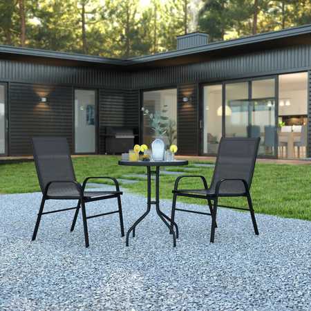 FLASH FURNITURE 3PC Patio Set-23.75RD Glass Table, 2 Black Chairs TLH-0701303C-GG